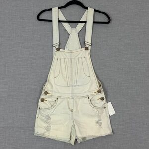 Destroyed Bib Overall Shorts Womens Sz 0 Light Wash High Waisted Metal Hardware